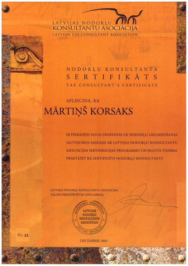 Tax Consultant Certificate - Latvian Association of Tax Consultants